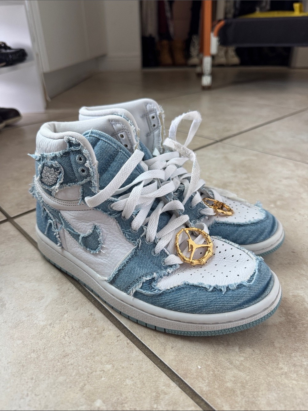 Nike Kids High-Top Denim & White Sneakers with Gold Accents